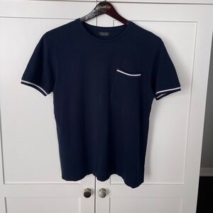 Zara Men’s Navy Short Sleeve Shirt with Stripe Pocket/Sleeves